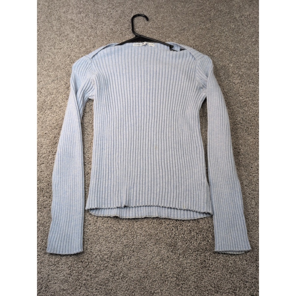 Tommy Hilfiger Womens Light Blue Ribbed Cotton Boat Neck Sweater Size S Slim Fit
